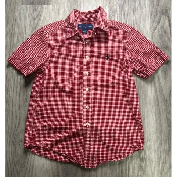 Kids Ralph Lauren‎ Gingham Button Down Shirt Red White Size 8 Short Sleeve