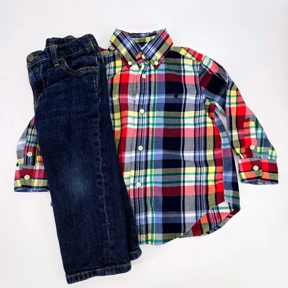 Polo Ralph Lauren 2T Plaid Button Down Shirt & 24M Hampton Straight Jeans Set