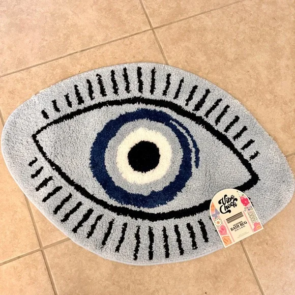 Vibe Check Evil Eye Microfiber Bath Rug 20x30 Light Blue Nazar Protection Mat