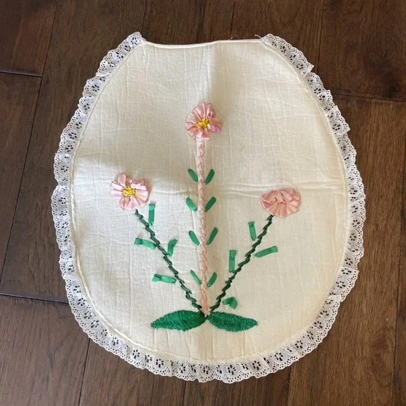 Retro Chenille Toilet Seat Cover White With Pink Flower MCM‎