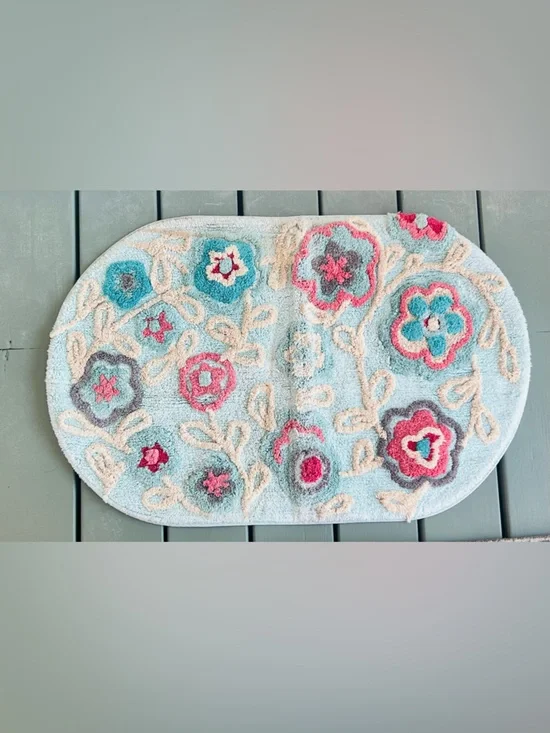 Pier 1 Light Blue Floral Bath Mat with Pink and Teal Accents