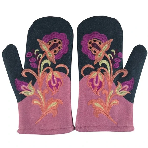 Embroidered Floral Felt Mittens Womens Pink Boho Folk Art Fleece Lined