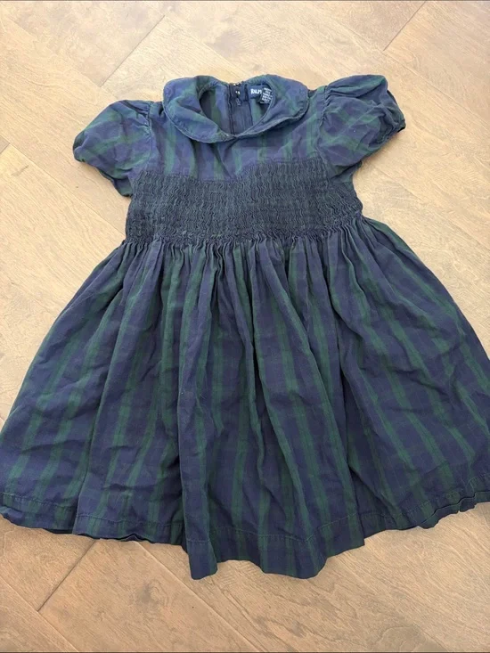 Ralph Lauren Navy & Green Plaid Smocked Waist Dress
