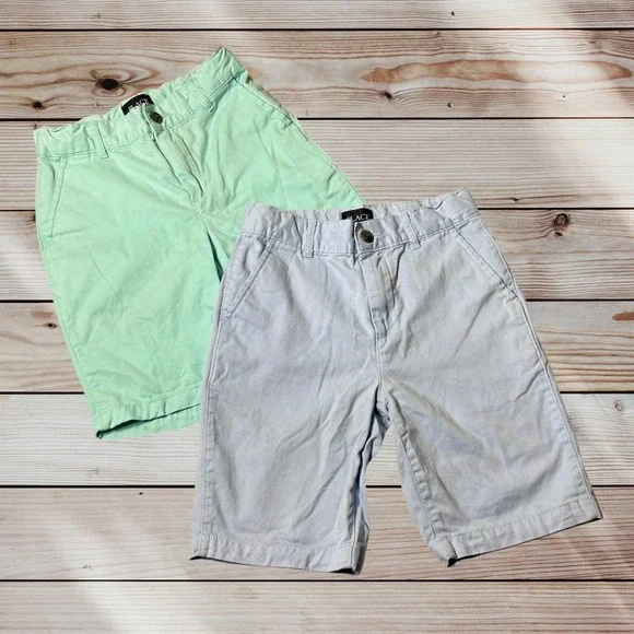 Children's Place Twill Set of 2 Shorts Boys 8 Green Blue Adjustable Waist Casual
