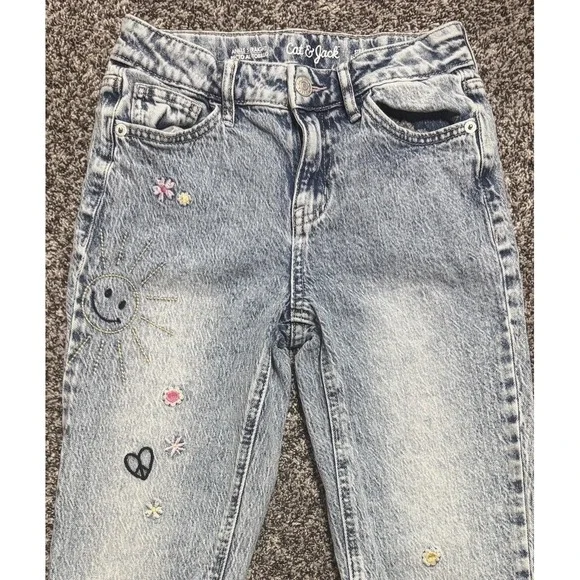Cat & Jack Girls‎ Jeans Size 10 Stretch Ankle Straight Leg Distressed Fun Prints