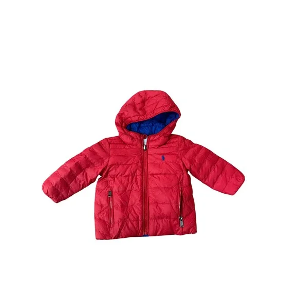 Ralph Lauren Baby Reversible Puffer Jacket‎ Red Blue Hooded Cozy Preppy Size 9M