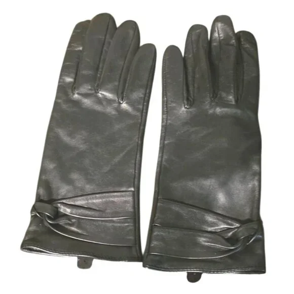 Vintage Leather Gloves Women's Black W/‎ Bow Detail Large Classic Driving