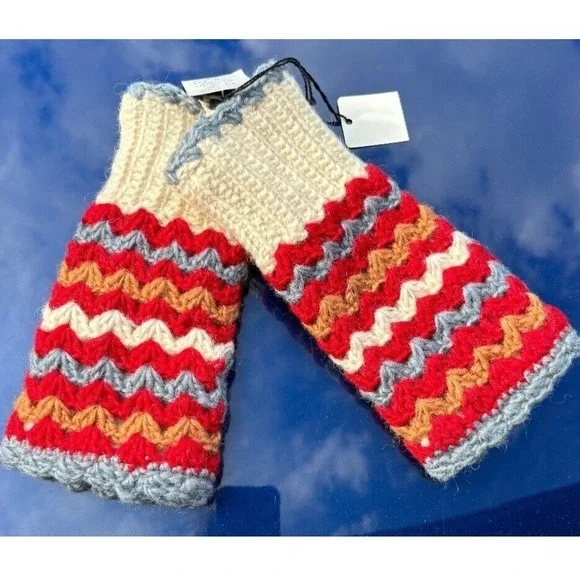 Yak & Yeti‎ Handmade Crochet Fingerless Gloves Red Cream Chevron Boho G-413 NEW