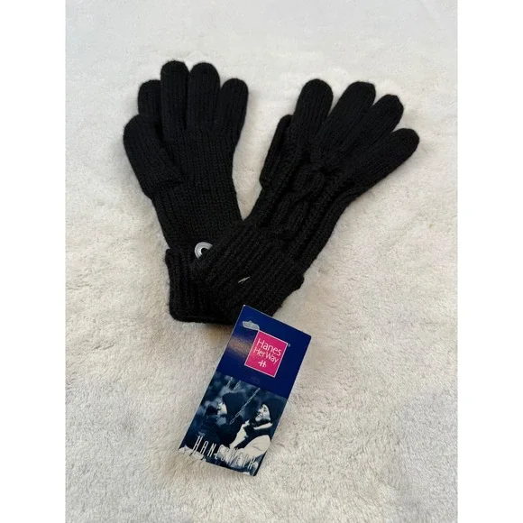 Hanes Her‎ Way Womens Black Knit Gloves One Size Venture Collection