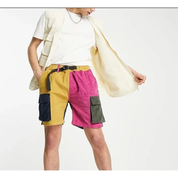 The Hundreds Mens XL channel corduroy cargo co-ord shorts in multi Color Block