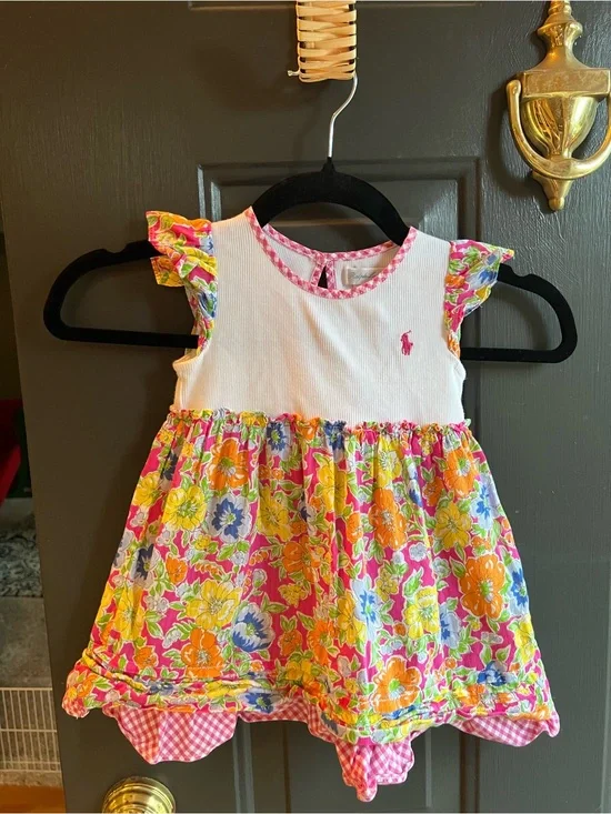 Ralph Lauren White Ribbed Baby Top with Pink Gingham Trim