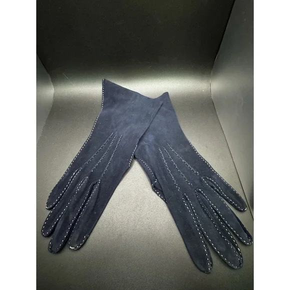 Vintage Blue Suede‎ With Decorative White Stitching Driving Gloves