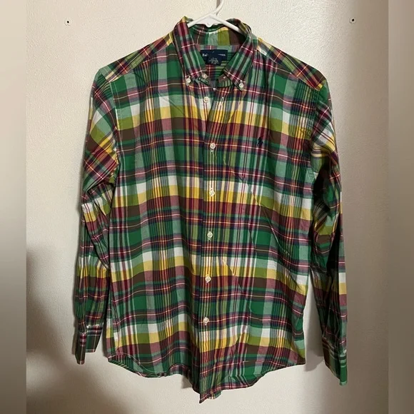 RALPH LAUREN Classic Plaid‎ Preppy Casual Button Down Green Pink Yellow Boy's Lg