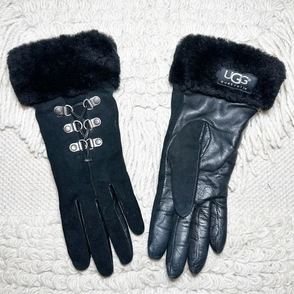 UGG black leather and shearling cashmere-lined driving gloves S