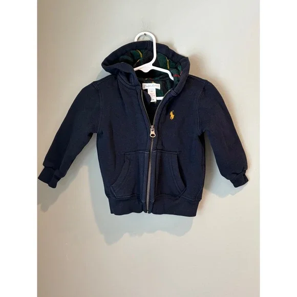 Ralph Lauren Boys‎ Navy Blue Plaid Lined Full Zip Fleece Hoodie 18M Yellow Pony