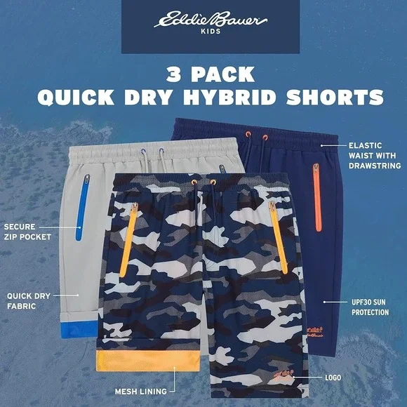 Eddie Bauer Kids 3 Shorts Set Size S 7/8 Navy Grey Camo NEW Quick Dry Hybrid