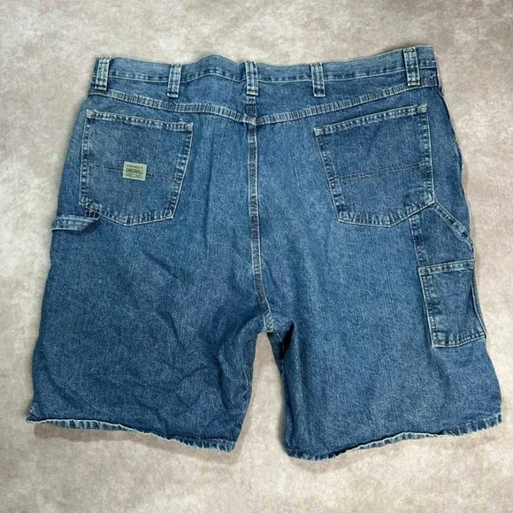 Men's Wrangler Carpenter Denim Shorts Sz 46 Blue Distressed Jorts Skater painter