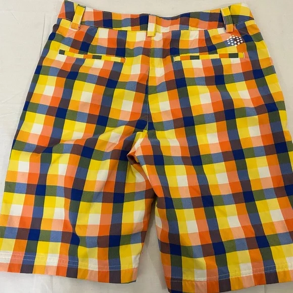 PUMA Sz 30 Waist Mens Flat Front‎ Yellow/Orange/Blue Plaid Golf Casual Shorts