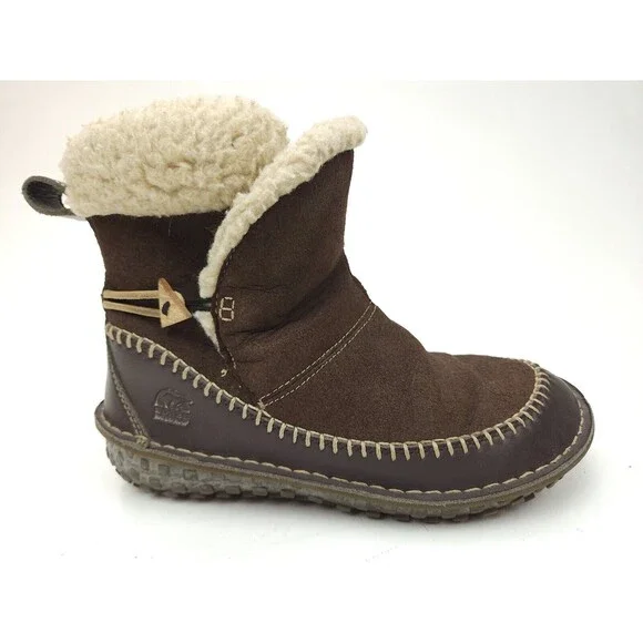 Sorel Anyu Boots Shearling Brown Winter Ankle Insulated Toggle Womens Sz 7 M