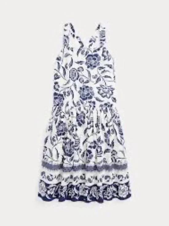 Ralph Lauren Girls Floral Linen-Blend Dress Blue White 7