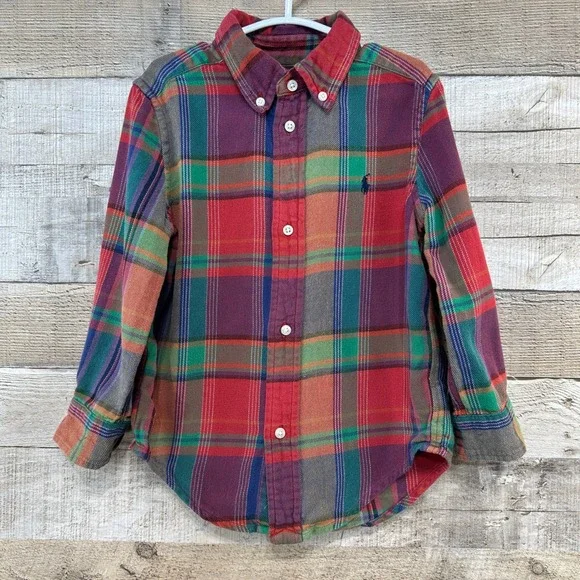 Ralph Lauren Boys Toddler Button Down Flannel Plaid Shirt 3T‎ Multicolor