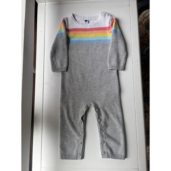 Janie Jack Baby 12-18M Gray Rainbow Stripe Knit Romper Long Sleeve Cozy