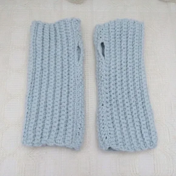 Handmade Crocheted Fingerless Gloves, Pale Aqua Acrylic Mittens for Women
