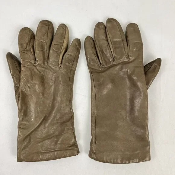 Vintage ARIS Womens Taupe‎ Tan Leather Cashmere Lined Gloves Size 7