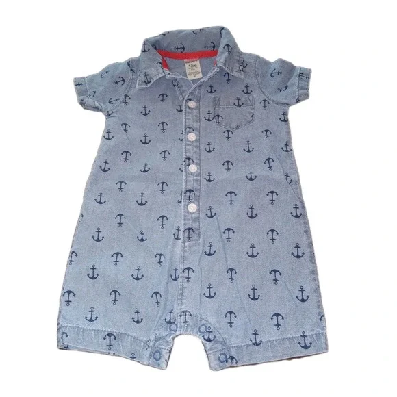 Carter's Baby Boy's Blue Denim Anchor Design Cotton Collared Romper Size‎ 12m