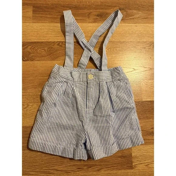 Ralph Lauren Baby Seersucker Shorts 9M‎ Blue White Striped Suspender