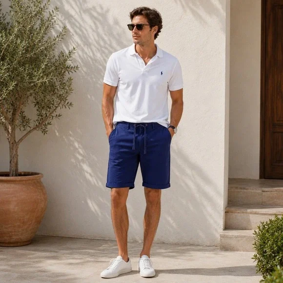 Livergy Chino Flat Front Drawstring Rolled Hem Shorts Blue Mens 40