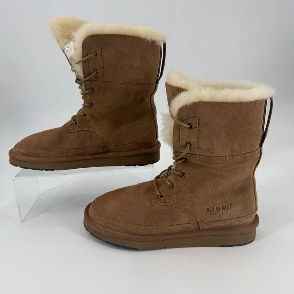 AU&MU Australia Sheepskin Shearling Lace Up Winter Boots Wmn Size 6 Brown Suede