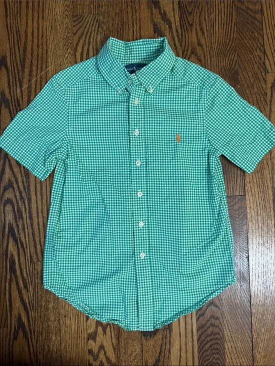 Ralph Lauren Boys Green Gingham Button Down Shirt Size 8 Cotton