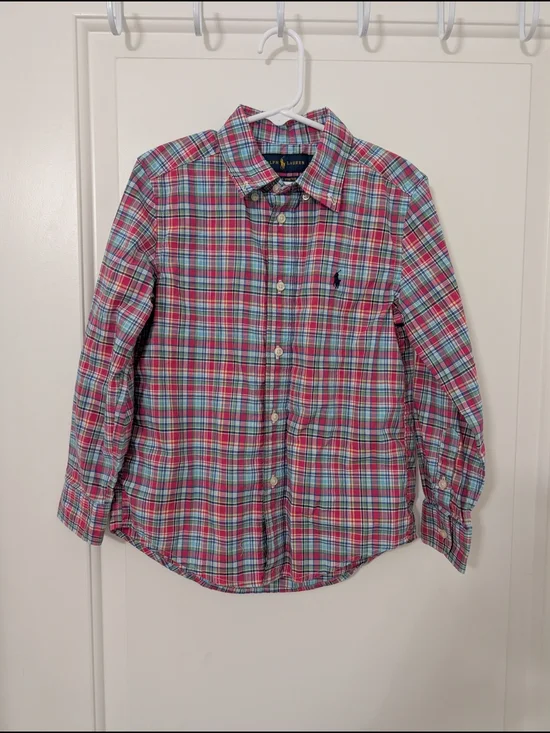 Ralph Lauren Boys Plaid Button-Down Shirt in Red & Blue Size 6
