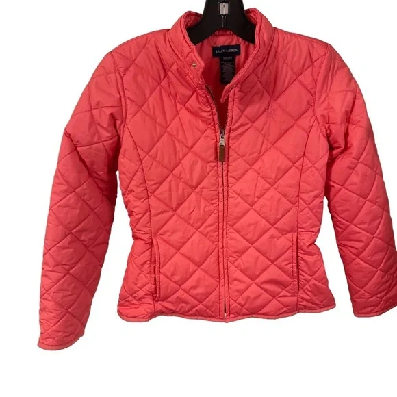 Ralph Lauren Girls Quilted Jacket Pink Zip Up Snap Collar Sz 8-10
