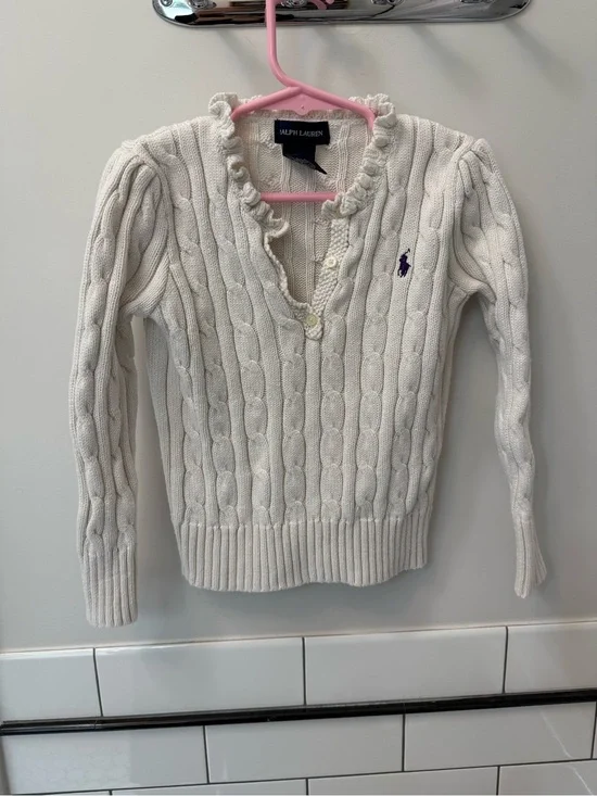 Ralph Lauren Cream Cable-Knit Ruffle V-Neck Sweater with Purple Pony