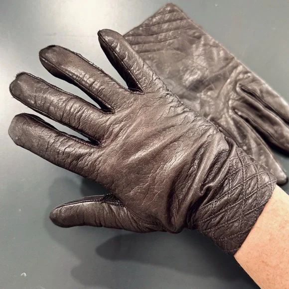 Vintage Fownes Women's Brown Leather Gloves Casual Fashion Driving Glove Lined 7