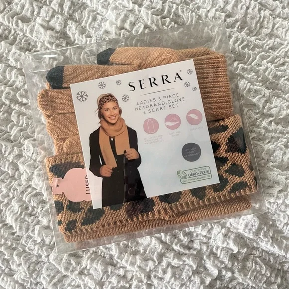 New 3 piece headband, scarf, and gloves set, tan and leopard print.