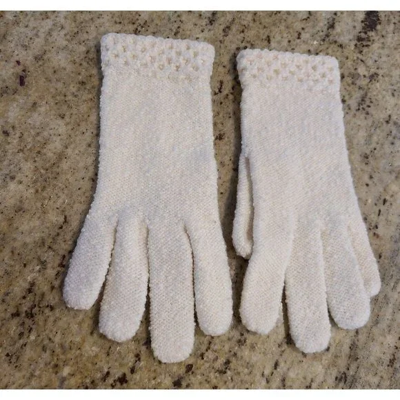Vintage Size M/L Cotton? Wool? White Textured Stretch Gloves. Wrist Detail 8