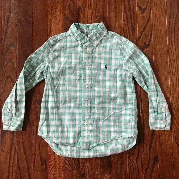 Ralph Lauren Boys 5 Green Plaid Oxford Button-Down Shirt - VGUC!!