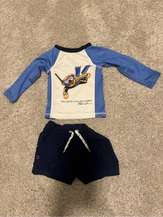 Ralph Lauren Blue & White Polo Bear Kids Rash Guard Set