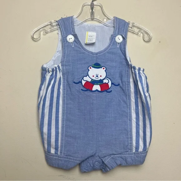 Vintage Shortalls‎ Bear Raft Swimming Embroidered Romper Outfit Size 3-6 months