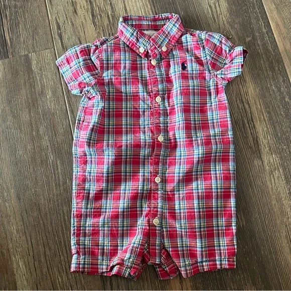 Ralph Lauren plaid baby boy button up romper 6 mo summer outfit