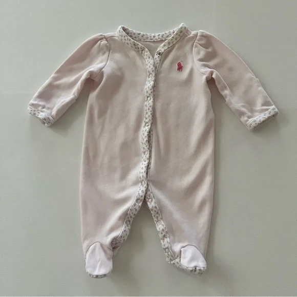 Ralph Lauren Newborn Baby Girl Light Pink Footie Floral Trim One Piece