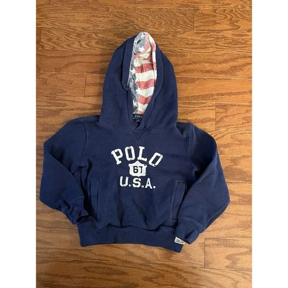 Boys Polo Ralph Lauren Hoodie‎ USA Patriotic Navy Blue Sz 5 Very Good Condition!