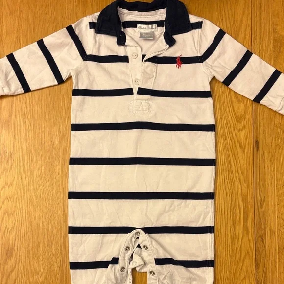 Ralph Lauren Navy and White Striped Baby Romper - 6 months