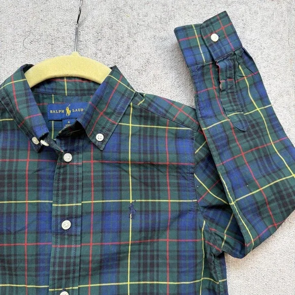 Ralph Lauren Boys Plaid Button Down Shirt Size 6‎ Blue Green Preppy