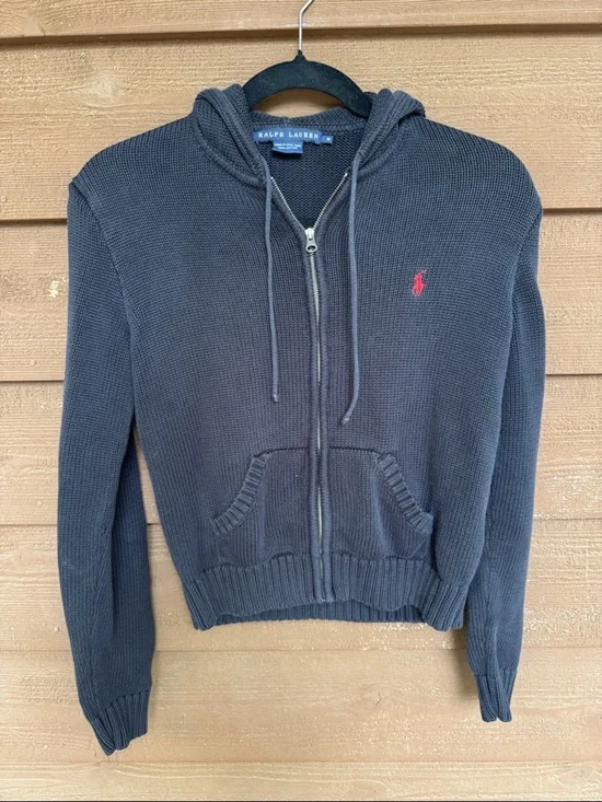 Ralph Lauren Black Big Kids Knit Zip Hoodie with Red Polo Pony size Medium