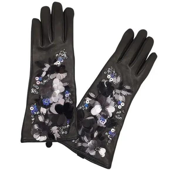 Womens Sheepskin Leather Gloves Cashmere Beaded Sequin Floral Embellished RARE