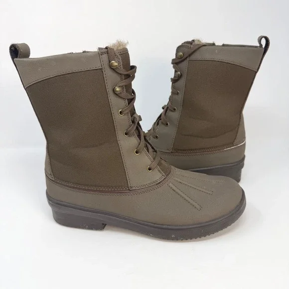 Clarks Muckers Mist Brown Faux Fur Lined Duck Boots Womens 8.5 M Lace Up Zip